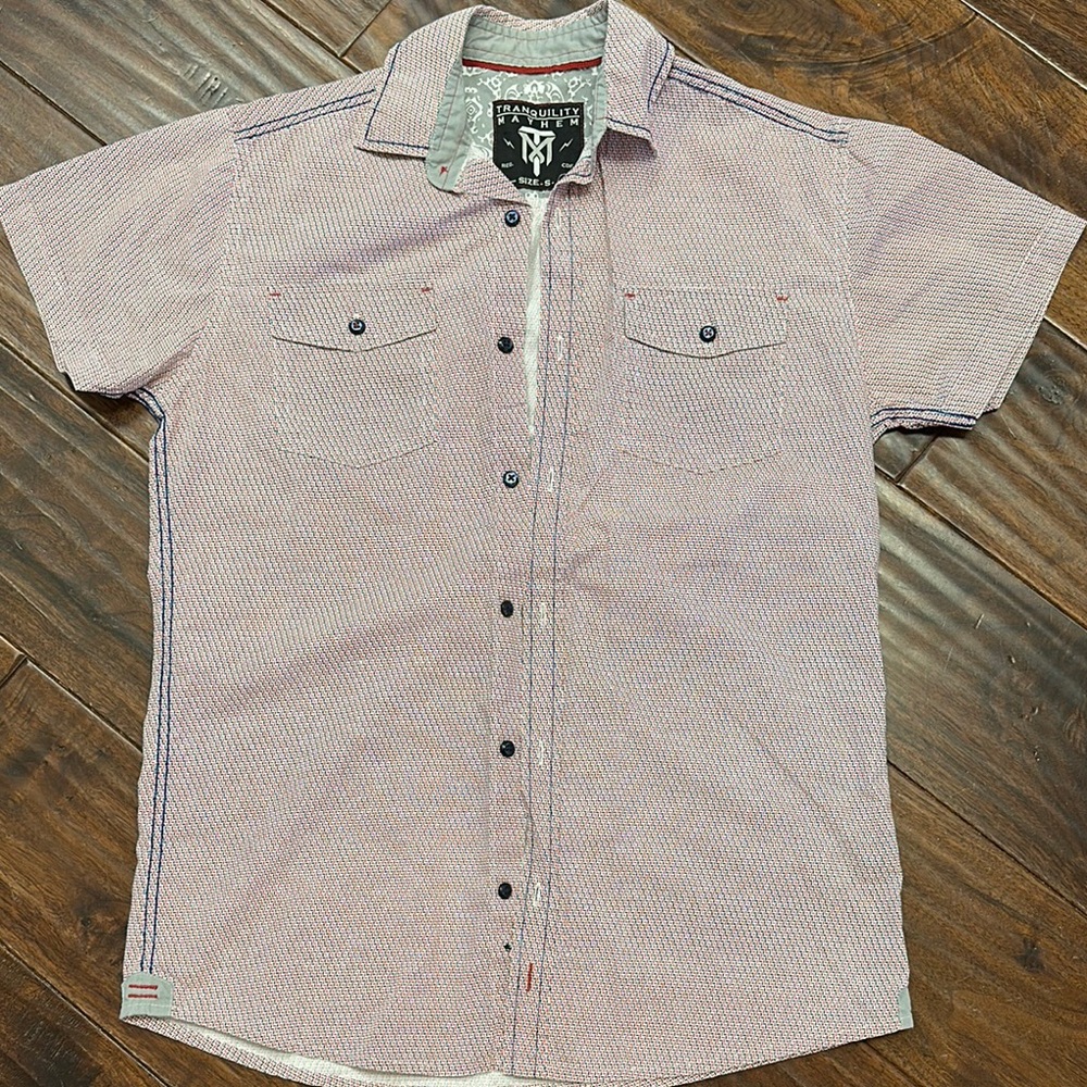 Tranquility Red and Blue Casual Button Down Shirt Sz S